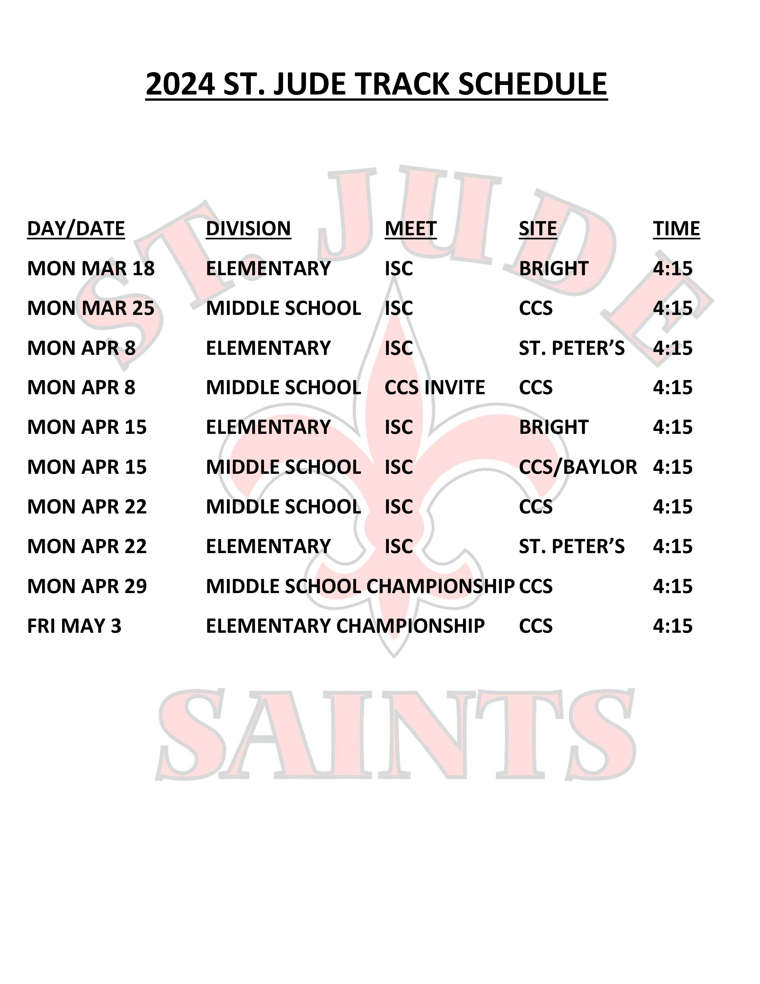 Sports Calendars St Jude Elementary School